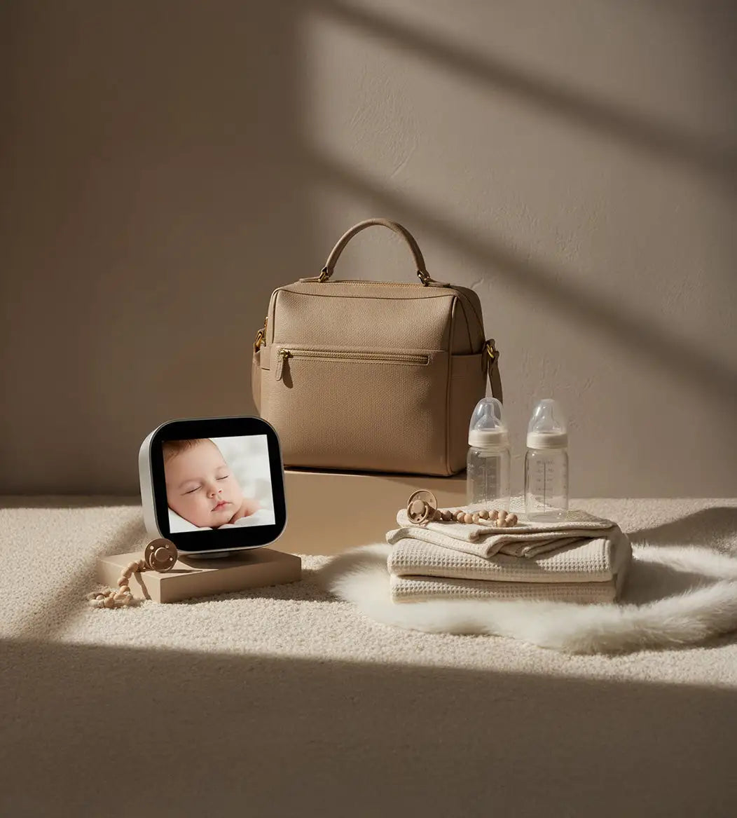 Beige leather baby bag with top handle and front zipper pocket.